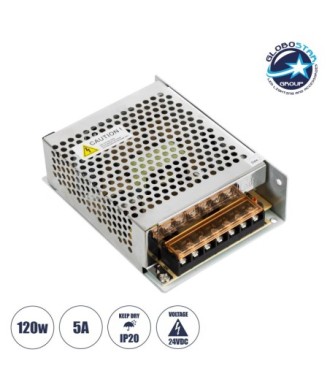 GLOBOSTAR® LUMIVOLT 73043 Τροφοδοτικό-Μετασχηματιστής PELV 120W 5A DC 24V IP20 - AC 220-240V σε DC 24V - Ρυθμιζόμενo από DC 22.5V έως DC 25.5V - Μ13 x Π10 x Υ4cm - 3 Χρόνια Εγγύηση